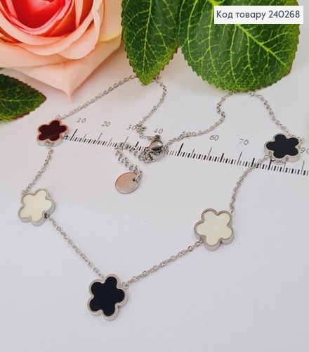 Цепочка 40+3.5 см Van Cleef, 5 подвесок, чёрная и перламутровая эмаль, цвет серебряный, Stainless Steel 240268 фото 1