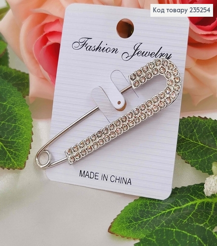 Брошь металл, Булавка серебряного цвета, с цветком, с двумя рядами камней 7,5см 235254 фото 1