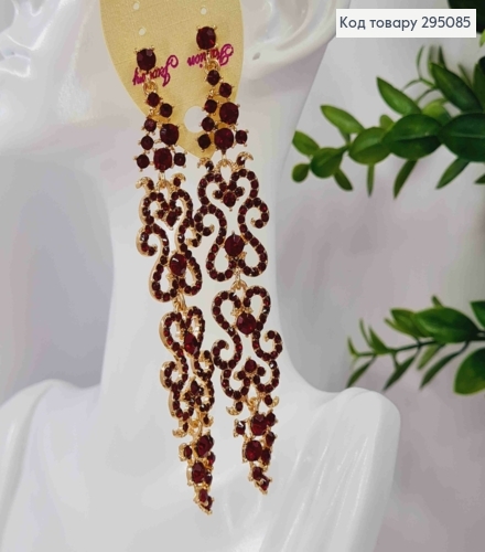 Вечерние-Свадебные серьги гвоздики, "АЖУРНЫЕ" украшены Красными камешками, 10,5см, золотого цвета 295085 фото 1