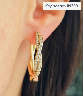 Серьги кольца овальные "Крученые" украшены Блестящими камешками, длина 2,6см, XUPING 18K 119320 фото