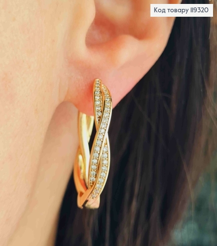 Серьги кольца овальные "Крученые" украшены Блестящими камешками, длина 2,6см, XUPING 18K 119320 фото 1