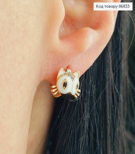Серьги кольца 1см, "Котенок" с белой эмалькой Xuping 18K 116833 фото 1