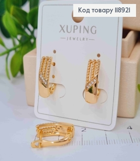 Сережки Прямокутні з Блискучими камінцями та Спіральками, 1,6см, англійська застібка,Xuping 18K 118921 фото