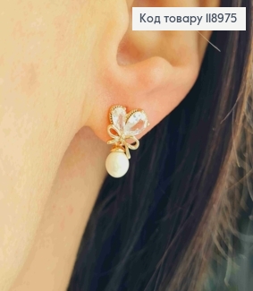 Серьги гвоздики Сердце из камней с подвесной жемчужиной, длина 1,5см, Xuping 18K 118975 фото