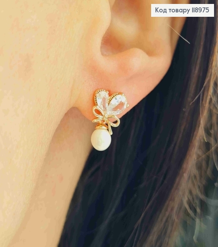 Серьги гвоздики Сердце из камней с подвесной жемчужиной, длина 1,5см, Xuping 18K 118975 фото 1