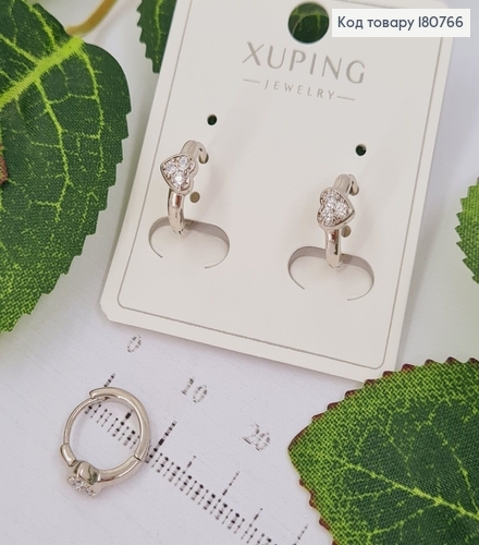 Сережки родированые кольца Сердечко в камнях, 1*0,5см, Xuping 180766 фото 1