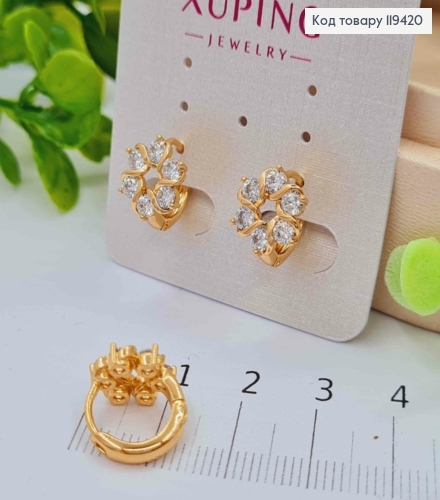 Сережки кільця "Квітка" з Блискучих камінців, діаметр 1,3см, Xuping 18К 119420 фото 1