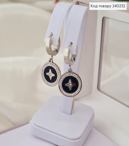 Сережки родированые кольца LVMH с чорной вставкой, 3*1,5см, Stainless Steel 240232 фото 1