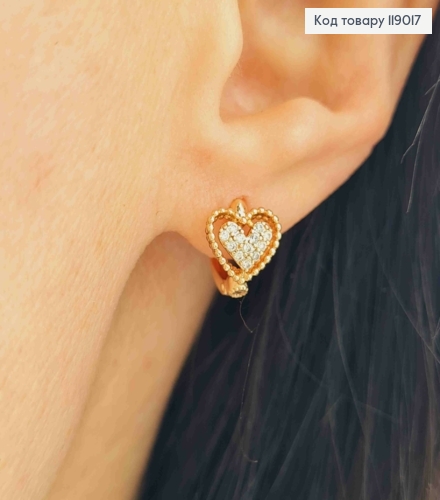 Сережки-кільця  (0,9см) "Серце в камінцях"  (0,9*0,8см) ,Xuping 18K 119017 фото 1