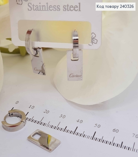 Серьги кольца серебряного цвета, с пластинкой 1,5см "Картье" сталь Stainless Steel 240326 фото 1