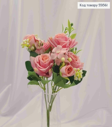 Штучна композиція Троянди, РОЖЕВОГО кольору, 7 гілочок на металевому стержні, висота30см 551561 фото 1