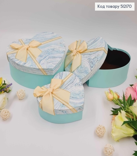 Набор коробок, Сердце, цвет Тиффани "Мрамор", 3шт(15х13х6см, 18х15х7см, 21х18х9см) 512170 фото 1