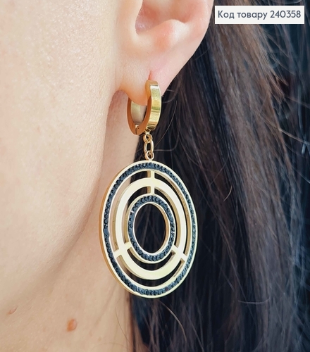 Серьги кольца, пластинка Лабиринты, лимонный цвет с черной эмалью, сталь Stainless Steel 260014 фото 2