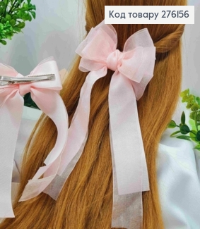 Заколка, бант репсовый с органзой, розового цвета, 11*23см. Ручная работа, Украина 276156 фото