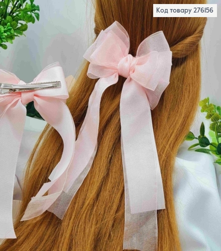 Заколка, бант репсовый с органзой, розового цвета, 11*23см. Ручная работа, Украина 276156 фото 1