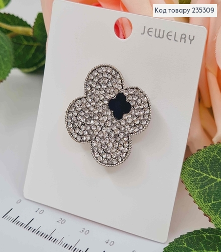 Брошь "Ван КЛиВ" (клевер) в камнях серебряного цвета, 3*3см 235309 фото 1