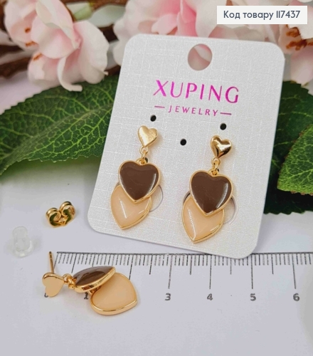 Серьги гвоздики, с подвесными сердцами Пастельных цветов, длина 2,5см, XUPING 18K 117437 фото 2