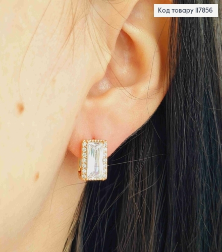 Серьги кольца, "Квадратные" с большим блестящим камнем, 1,1*0,8см, Xuping 18К. 117856 фото 3