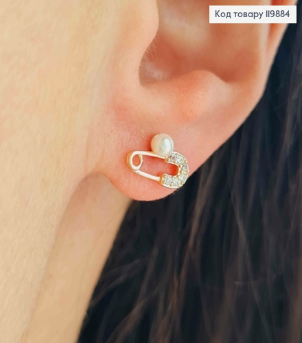 Серьги гвоздики "Шпилька" с Блестящими камешками и Жемчужиной, размером 1см, Xuping 18K 119884 фото 1