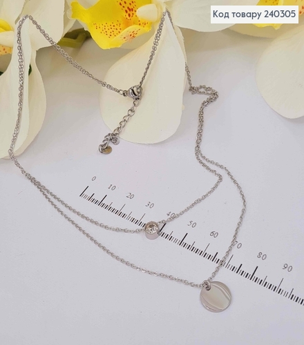 Цепочка двойная, с подвесками камнем и плоской монеткой, 40+5см, сталь Stainless Steel 240305 фото 1