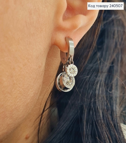 Серьги кольца, серебряного цвета, С подвесками Римские часы, сталь Stainless Steel 260025 фото 2