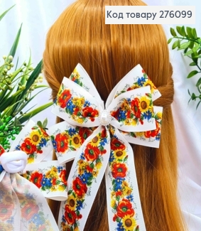 Бант с ярким принтом "Цветы", на резинке, ткань репс, размер 13*19см, ручная работа, Украина. 276099 фото