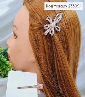 Заколка стрела, золотого цвета, цветочек с черным ободочком, камешками и жемчужиной. 233091 фото