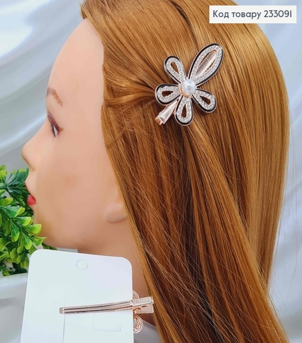 Заколка стрела, золотого цвета, цветочек с черным ободочком, камешками и жемчужиной. 233091 фото 1