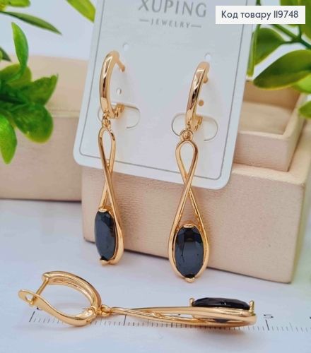Сережки з рухливою підвіскою з Чорним каменем, 1,6+3,3см, англ. застібка, Xuping 18К 119748 фото 2