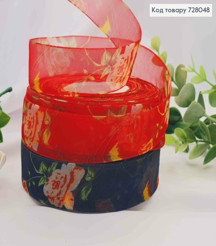 Лента органза, ЧЕРНАЯ/ КРАСНАЯ с принтом "Цветы", в ассортименте, шир 2,5см, длина 45ярдов (41м) 728048 фото 1