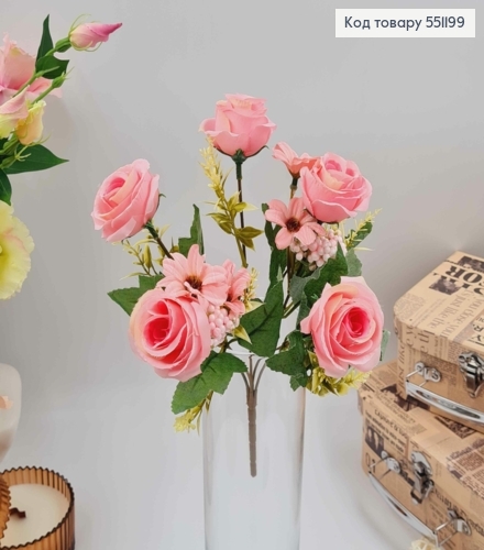 Композиция "Букет Розовые розы 5шт + другие цветы", высота 32см 551199 фото 1