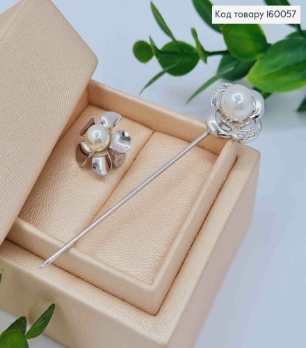 Брошь родованная "Цветочки" с Блестящими камешками и Жемчужинами, 7,3см, Xuping 160057 фото 2