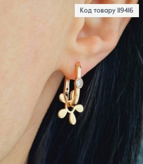 Серьги кольца "Овальные" с подвижным цветочком и камнем, длина 1,7см, Xuping 18К 119416 фото