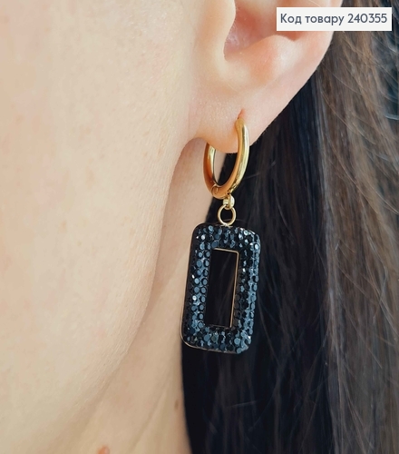 Кольцо серьги, золотого цвета. Подвески прямоугольнички в черных камушках, сталь Stainless Steel 260012 фото 1