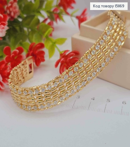 Браслет украшен Блестящими камешками по краям, ширина 1,5см, длина 18см, Xuping 18K 151169 фото 1