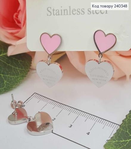 Серьги гвоздики, с подвесками сердечками, с розовой эмалью, серебряного цвета,  сталь Stainless Steel 240348 фото 2