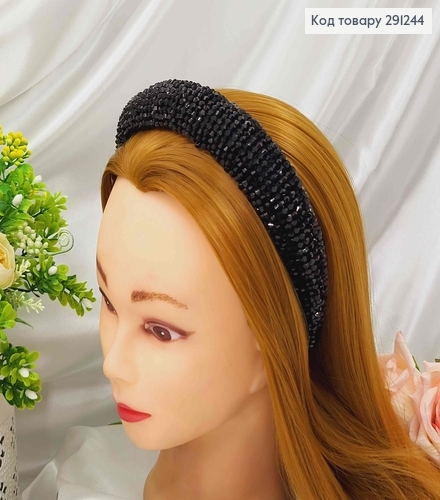 Обруч модний плетений стіклярусом, ЧОРНИЙ колір, ширина 3,5см 291244 фото 1