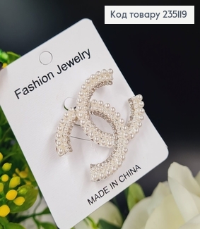 Брошка с бусинками , серебряного цвета Шанель,4*3см 235119 фото