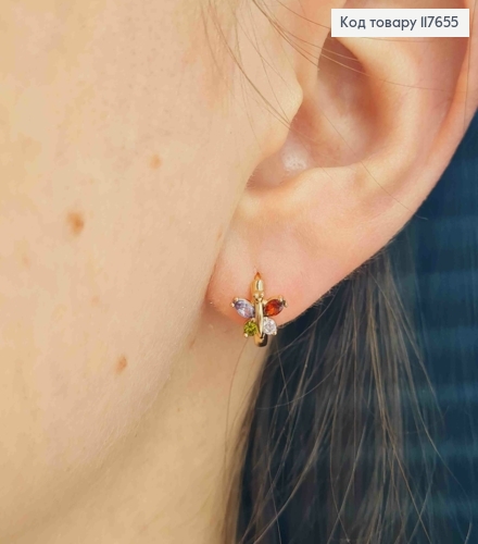 Серьги кольца, "Бабочка" с разноцветными камешками, диаметр 1,1см, Xuping 18K 117655 фото 3