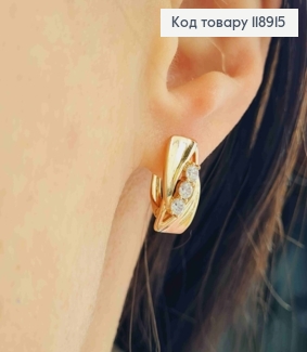 Сережки Прямокутні з трьома Блискучими камінцями, 1,6см, англійська застібка, Xuping 18K 118915 фото