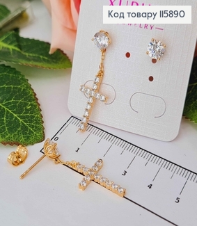 Серьги гвоздики, С камешками 5мм и подвеской крестиком 2см, в камнях, (асимметричные) Xuping 18K 115890 фото