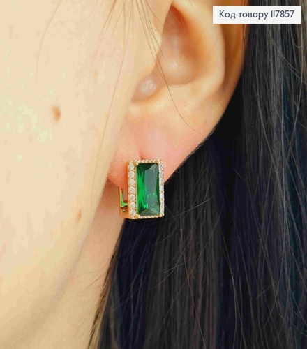 Серьги кольца, "Квадратные" с большим Зеленым камешком, 1,1*0,8см, Xuping 18К 117857 фото 3