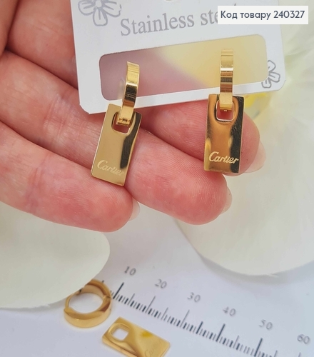 Серьги кольца золотого цвета, с пластинкой 1,5см "Картье" сталь Stainless Steel 240327 фото 1