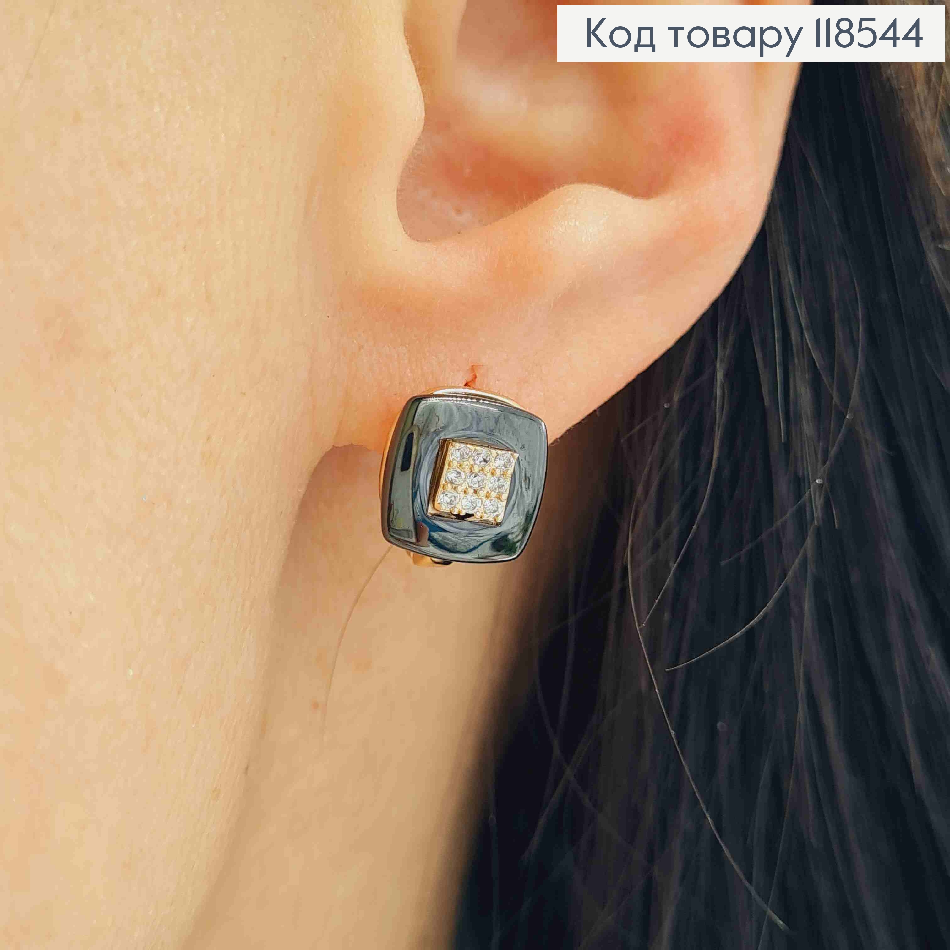 Серьги "Квадратные" украшены Черной эмалью и Блестящими камешками, 1см, англ. застежка,Xuping 18К 118544 фото 2