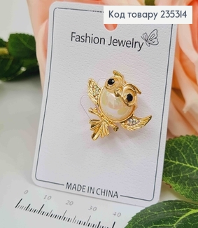 Брошка СОВА  з камінцями та бусинкою, ЗОЛОТОГО кольору, 3*2,5см 235314 фото