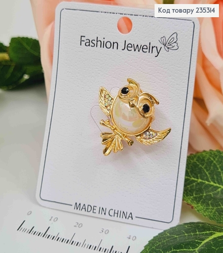 Брошка СОВА  з камінцями та бусинкою, ЗОЛОТОГО кольору, 3*2,5см 235314 фото 1