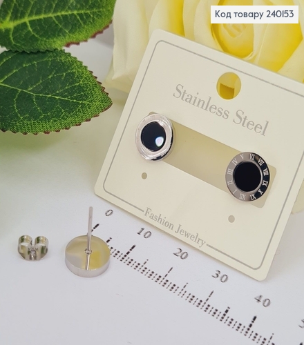 Сережки гвіздки Римський годинник срібний колір з чорним камнем Stainless Steel 240153 фото 1