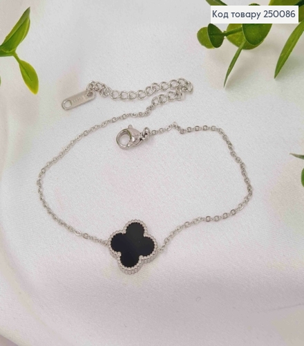 Браслет срібного кольору, Van Cleef з Чорною емаллю, 18,5+6см, сталь Stainless Steel 250086 фото 1