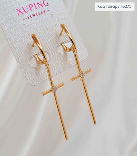 Сережки з підвісками Хрестиками з круглим камінчиком, 4*1,5см, англ. застібка, Xuping 18К 116275 фото 2