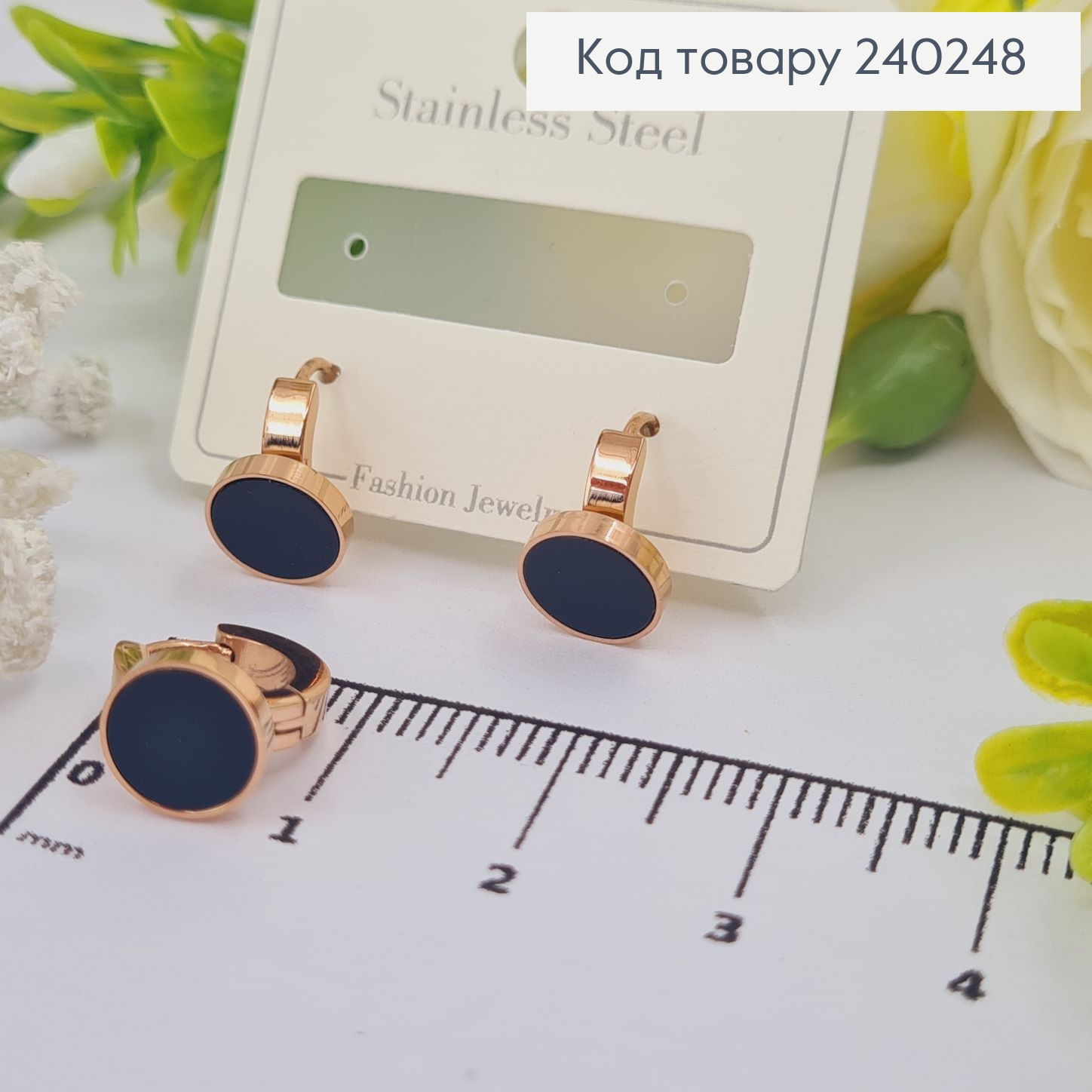 Серёжки кольца 1.0 см Круг с чёрной эмалью, цвет золотые, Stainless Steel 240248 фото 1